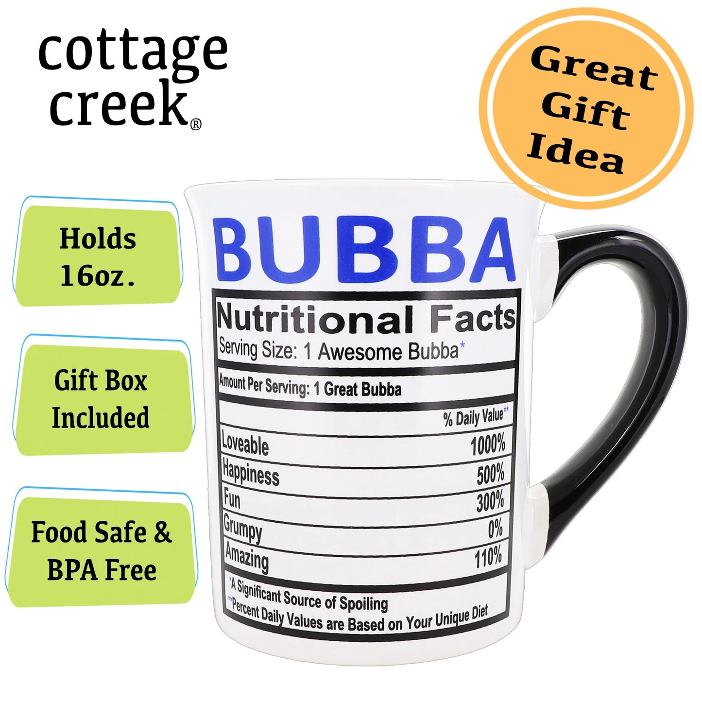 Cottage Creek Bubba 16 oz. Coffee Mug, Bubba Ceramic Cup, White